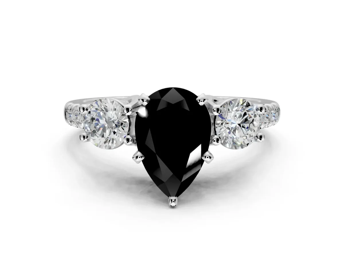 3 Stone Engagement Ring Setting for Fancy Black Pear-Shaped Center with Crossover Basket, Pave Band and Prong Head in Platinum