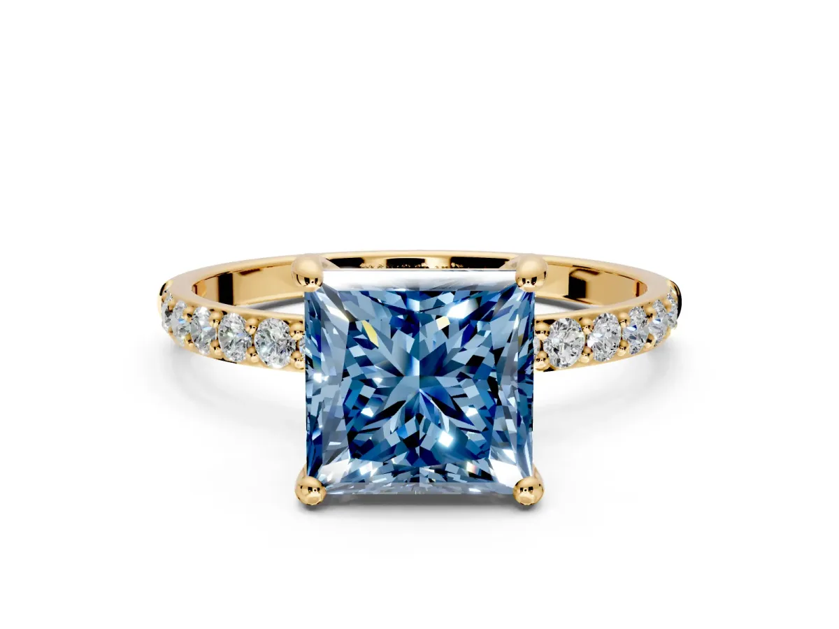 Solitaire Engagement Ring Setting for Fancy Blue Princess Cut Center with Pave Accents and Prong Head in Yellow Gold