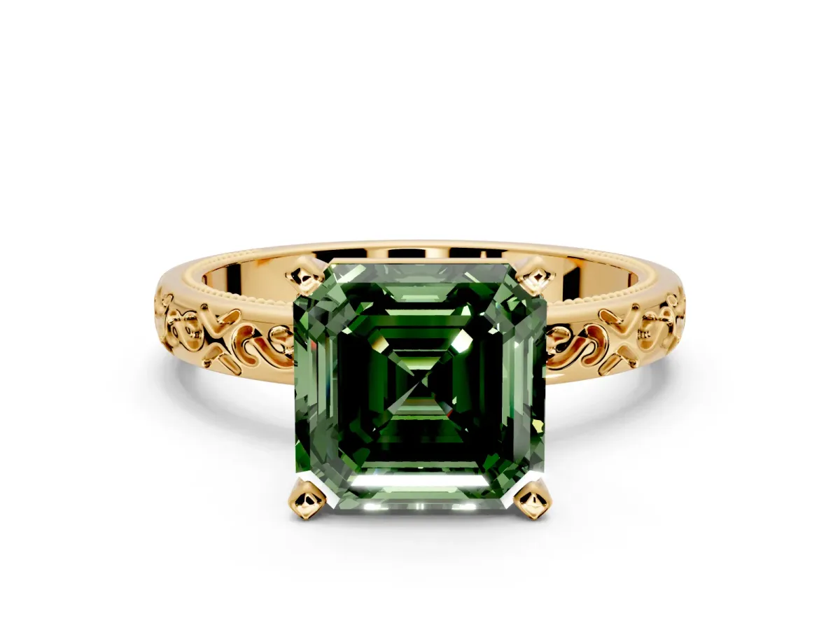 Solitaire Engagement Ring Setting for Fancy Green Asscher Cut Center with Scrollwork Band and Prong Head in Yellow Gold