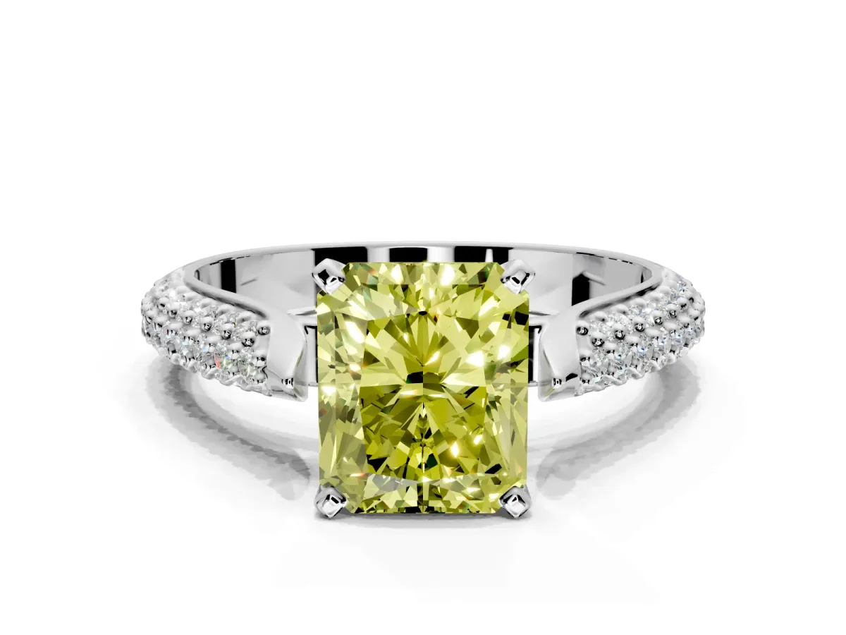 Solitaire Engagement Ring Setting for Fancy Yellow Radiant Cut Center with Multi-Row Accents and Prong Head in Platinum