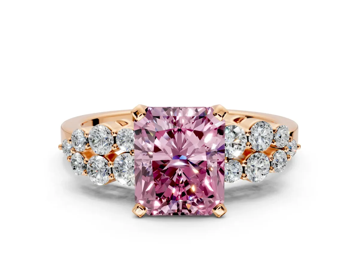 Cluster Engagement Ring Setting for Fancy Pink Radiant Cut Center with 2-Row Shoulder Clusters and Prong Head in Rose Gold