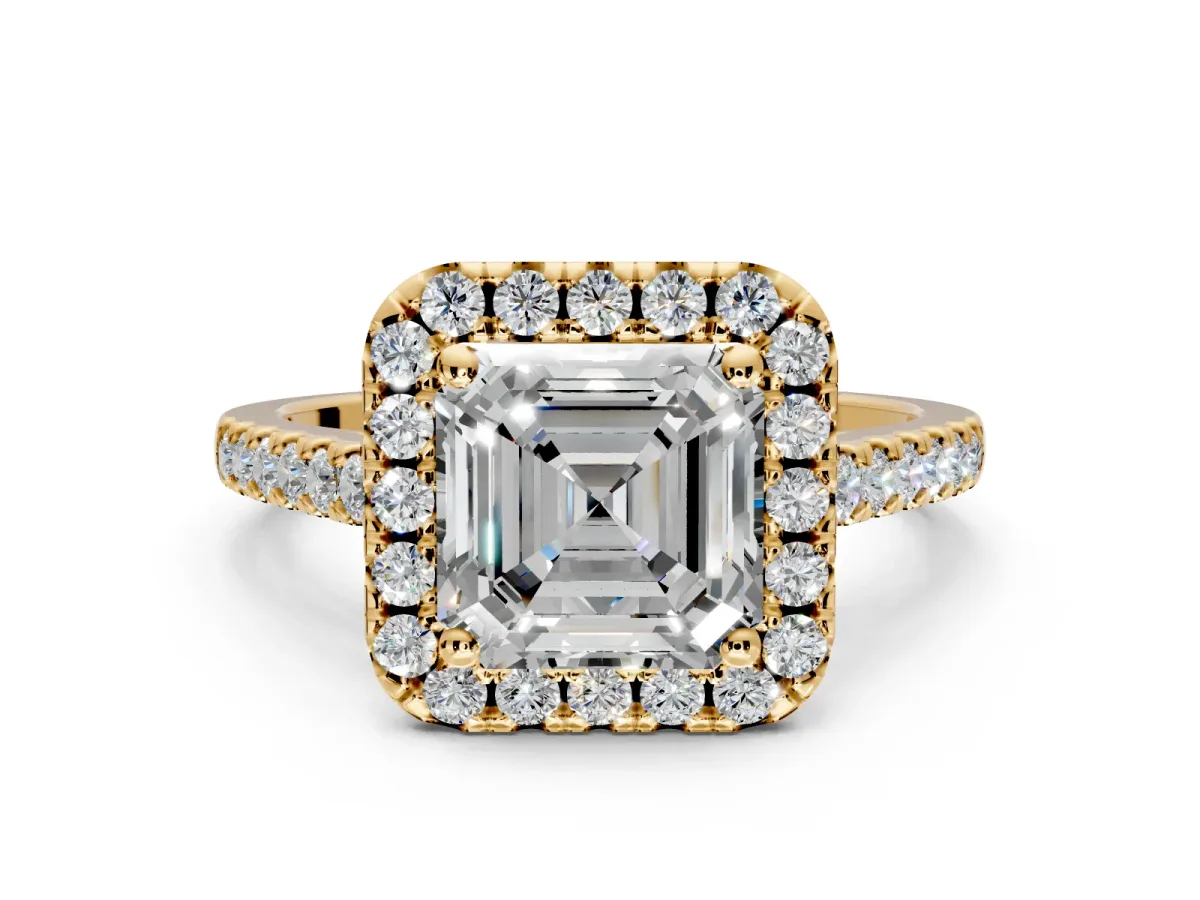 Halo Engagement Ring Setting for Asscher Cut Center with Raised Halo, Pave Band and Prong Head in Yellow Gold