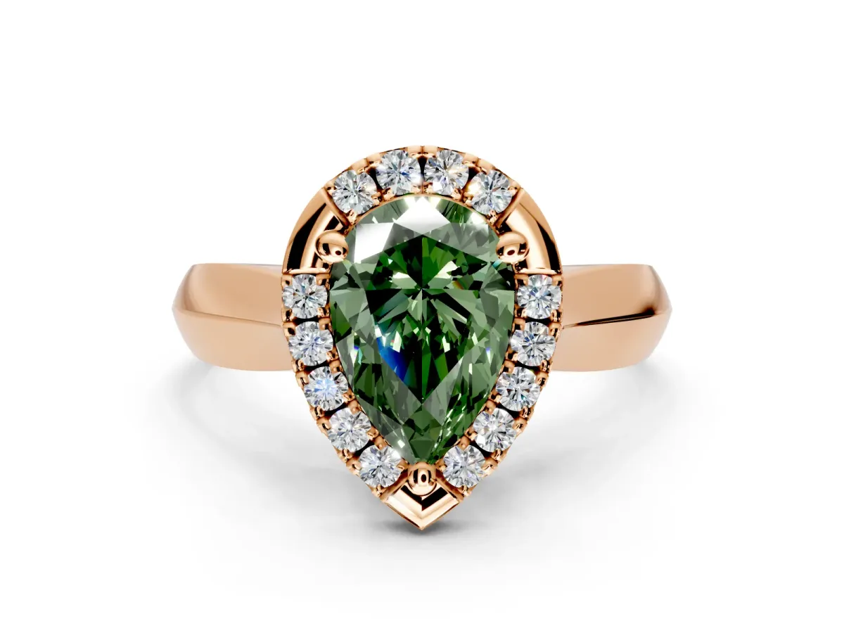 Halo Engagement Ring Setting for Fancy Green Pear-Shaped Center with Square Band and Prong Head in Rose Gold