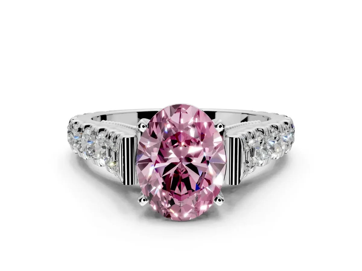 Solitaire Engagement Ring Setting for Fancy Pink Oval Center with Pave Cathedral Shoulders and Prong Head in Sterling Silver