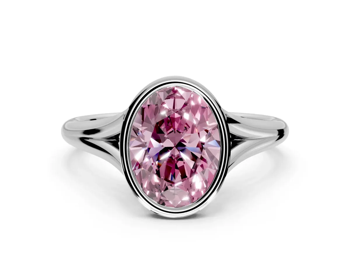 Solitaire Engagement Ring Setting for Fancy Pink Oval Center with V Split Shank and Bezel Head in Sterling Silver