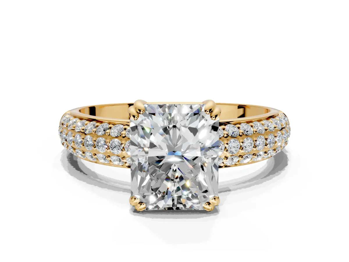 Solitaire Engagement Ring Setting for Radiant Cut Center with Multi-Row Pave Accents and Basket Head in Yellow Gold
