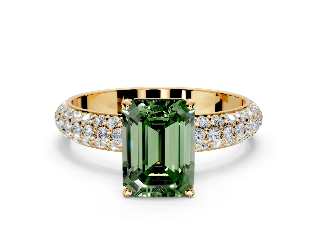 Solitaire Engagement Ring Setting for Fancy Green Emerald Cut Center with Domed Multi-Row Pave Band and Prong Head in Yellow Gold