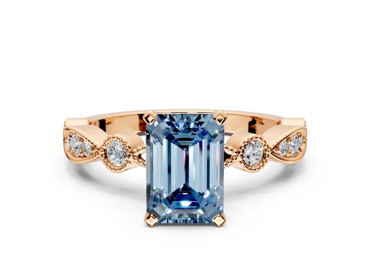 Solitaire Engagement Ring Setting for Fancy Blue Emerald Cut Center with Milgrain Bezel Accents and Prong Head in Rose Gold