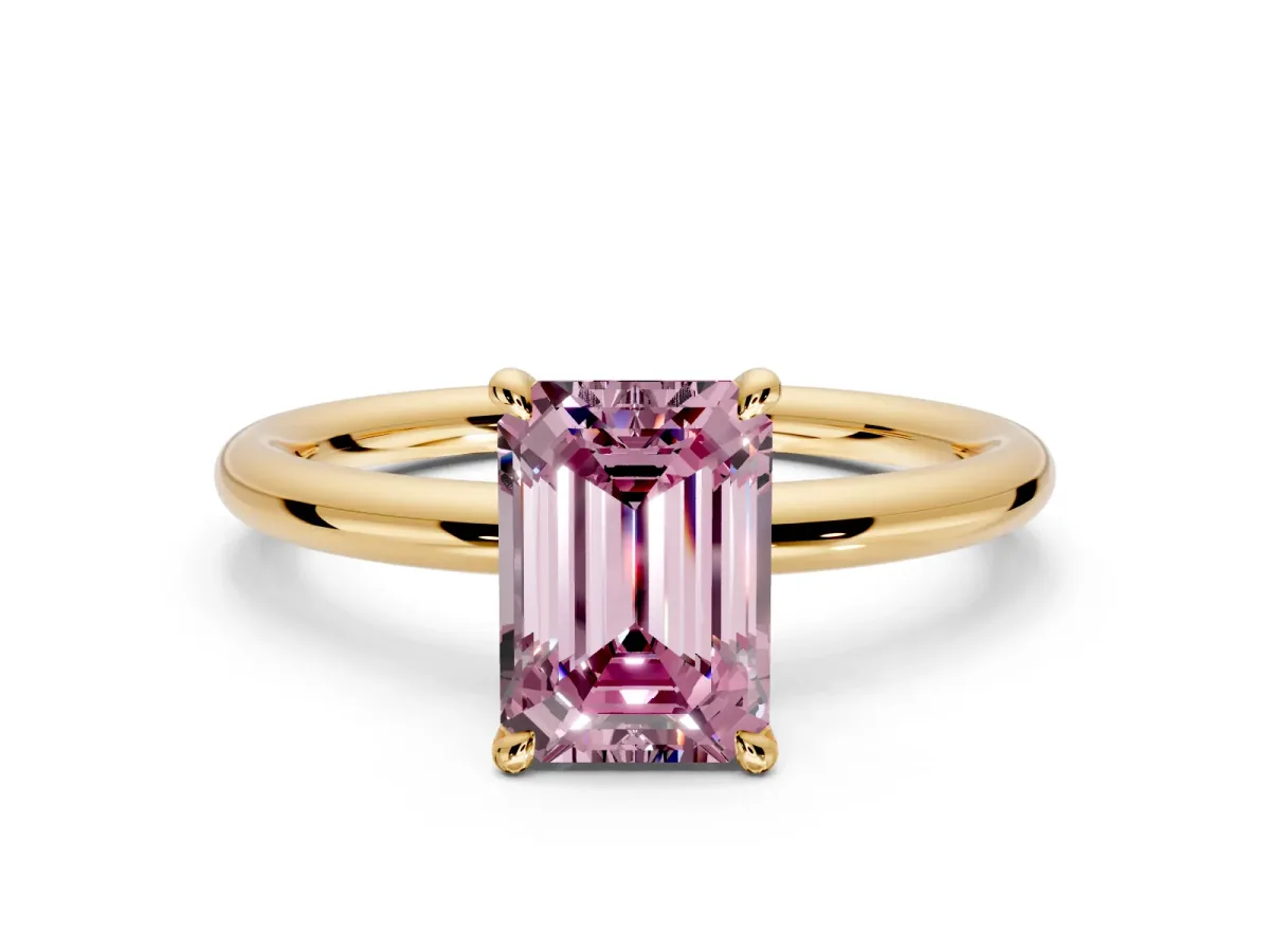 Hidden Halo Engagement Ring Setting for Fancy Pink Emerald Cut Center with Thin Rounded Band and Prong Head in Yellow Gold