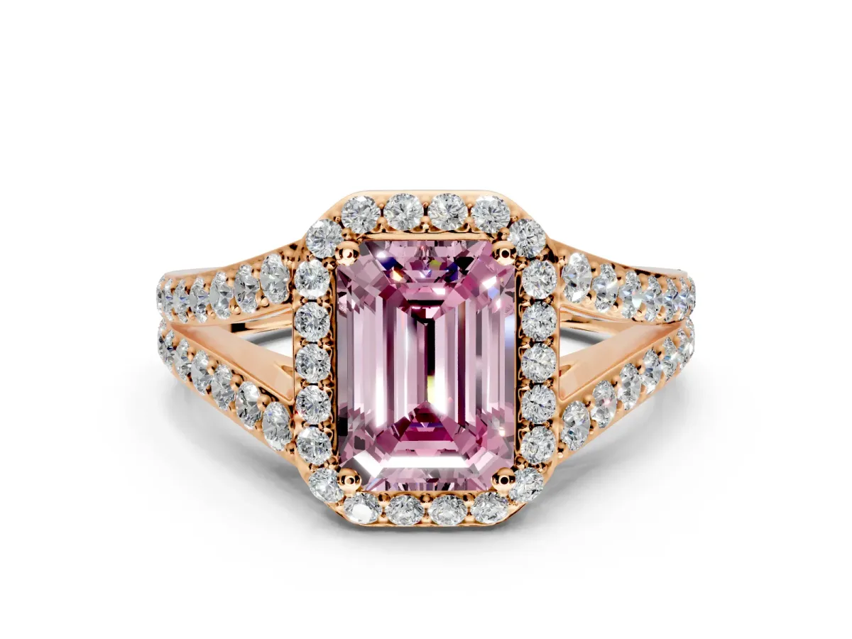 Halo Engagement Ring Setting for Fancy Pink Emerald Cut Center with Narrow Pave Split Shank and Prong Head in Rose Gold