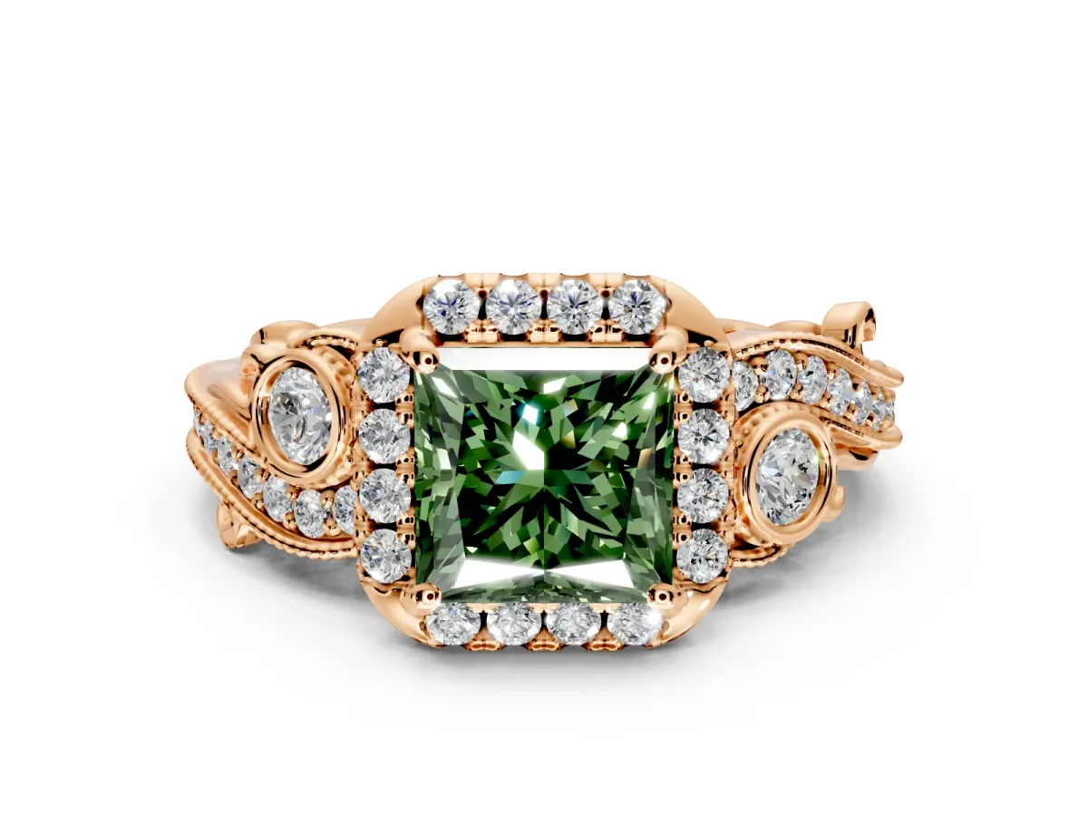 Milgrain Halo Engagement Ring Setting for Fancy Green Princess Cut Center with Shoulder Bezels and Prong Head in Rose Gold