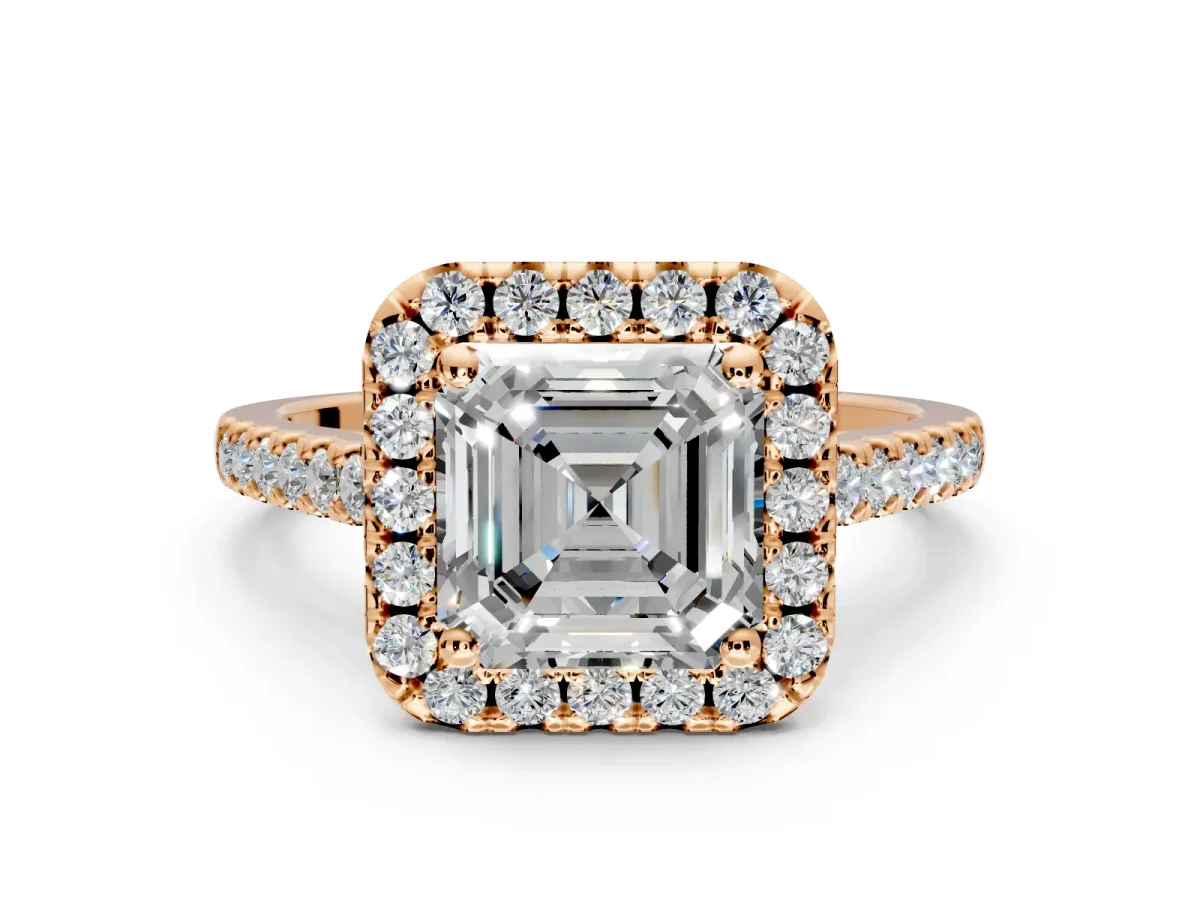 Halo Engagement Ring Setting for Asscher Cut Center with Raised Halo, Pave Band and Prong Head in Rose Gold