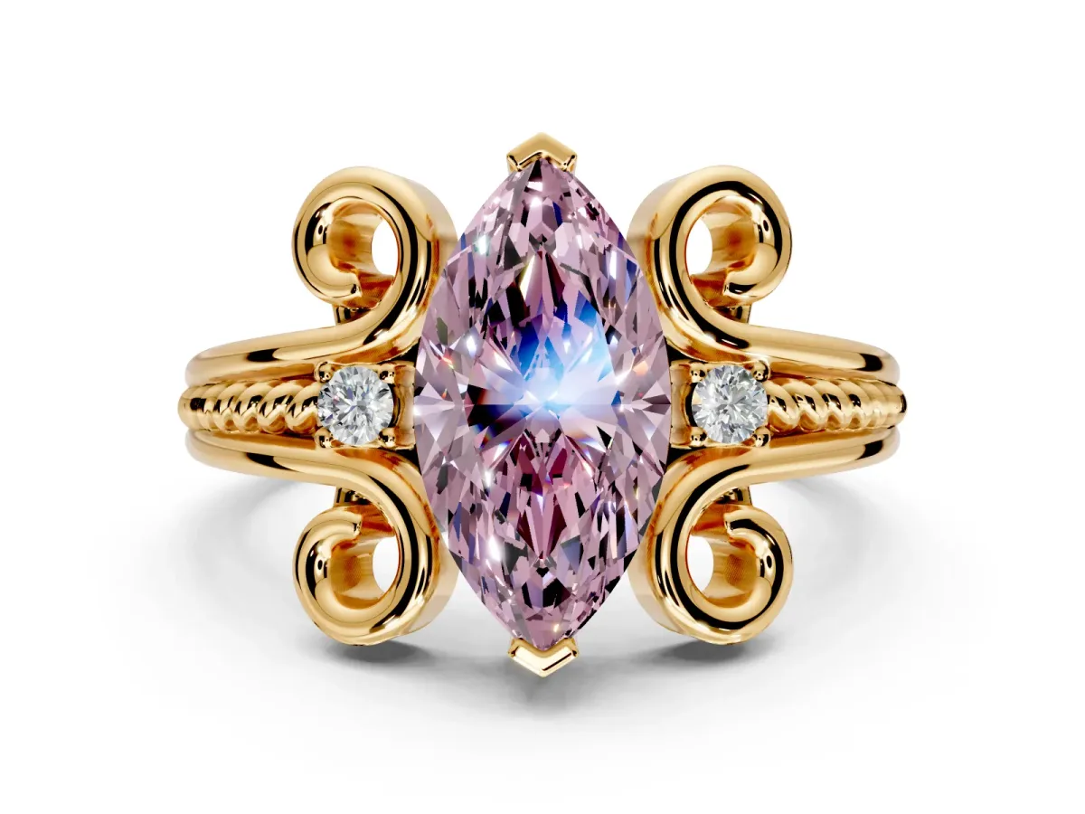 Solitaire Engagement Ring Setting for Fancy Pink Marquise Center with Twisted Band and Scroll Prong Head in Yellow Gold