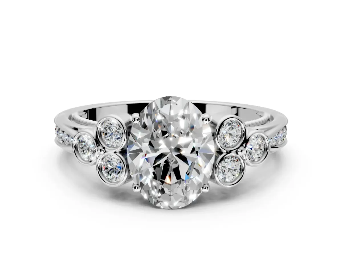 Cluster Engagement Ring Setting for Oval Center with Bezel Accent Clusters and Prong Head in Platinum