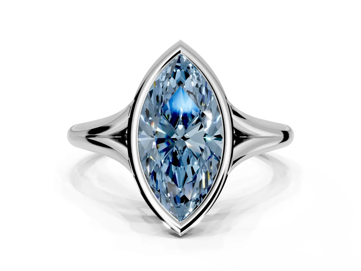 Solitaire Engagement Ring Setting for Fancy Blue Marquise Center with V Split Shank and Bezel Head in Platinum