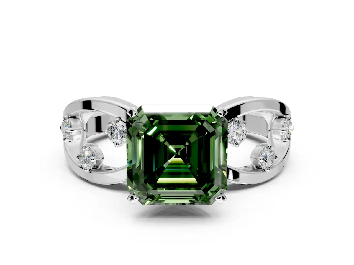 Solitaire Engagement Ring Setting for Fancy Green Asscher Cut Center with Criss-Cross Accent Band and Prong Head in White Gold