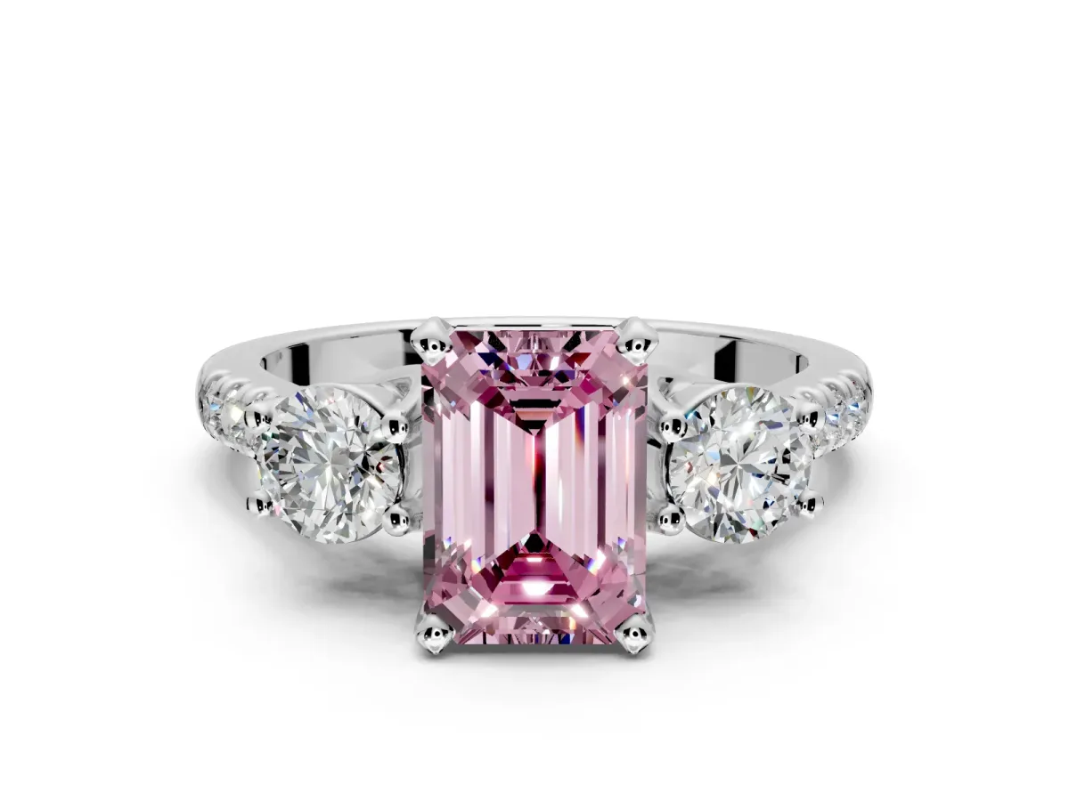 3 Stone Engagement Ring Setting for Fancy Pink Emerald Cut Center with Crossover Basket, Pave Band and Prong Head in Sterling Silver