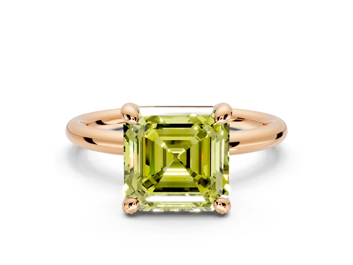 Low-Set Solitaire Engagement Ring Setting for Fancy Yellow Asscher Cut Center with Thin Plain Band and Prong Head in Rose Gold