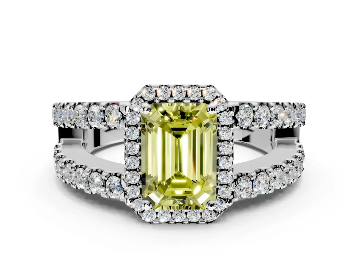 Halo Engagement Ring Setting for Fancy Yellow Emerald Cut Center with Wide-Open Pave Split Shank and Prong Head in Platinum