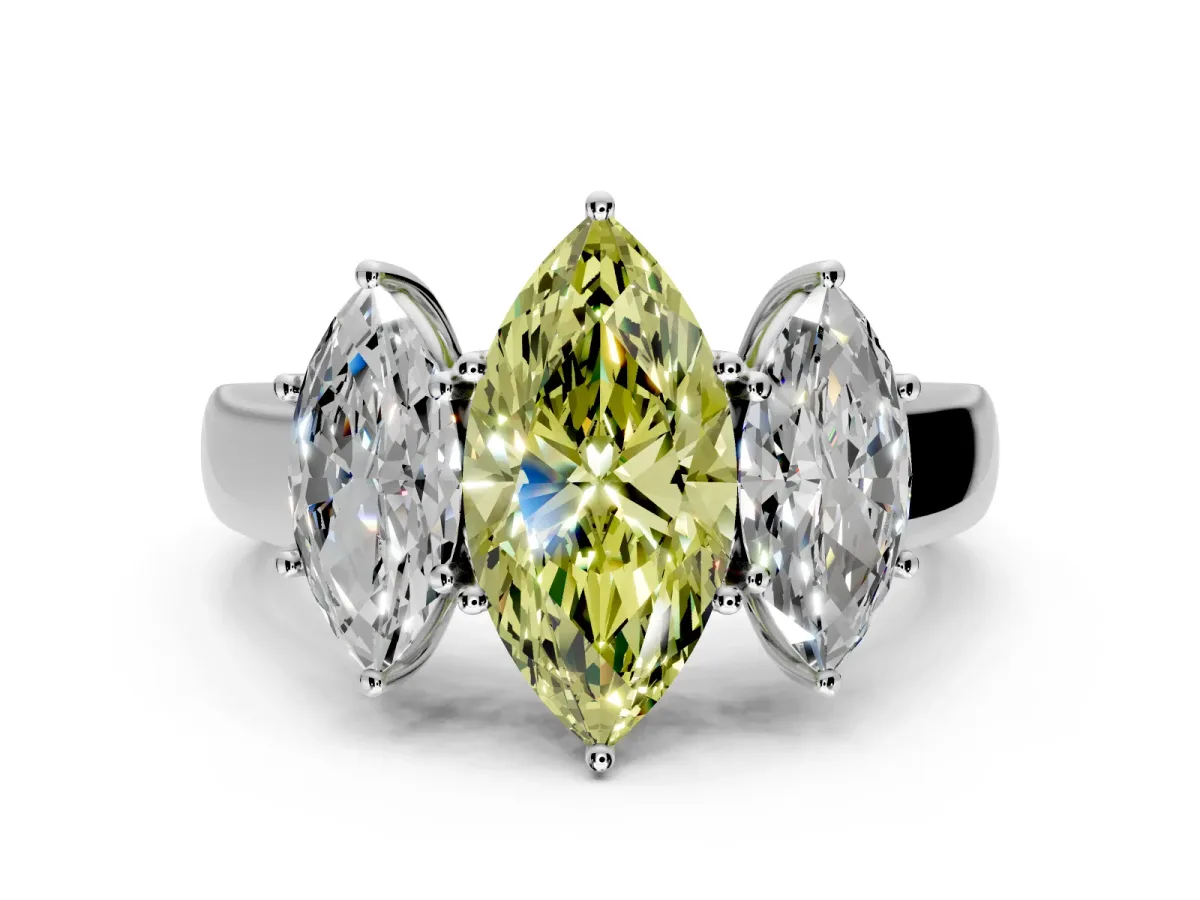 3 Stone Engagement Ring Setting for Fancy Yellow Marquise Center with Raised Basket Heads and Prong Head in White Gold