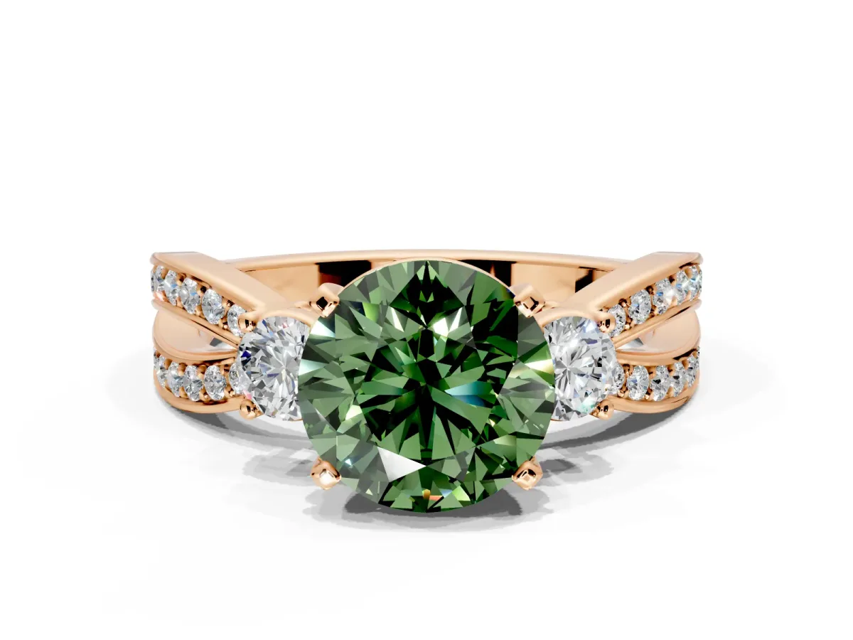 3 Stone Engagement Ring Setting for Fancy Green Round Cut Center with Pave Twist Band and Prong Head in Rose Gold