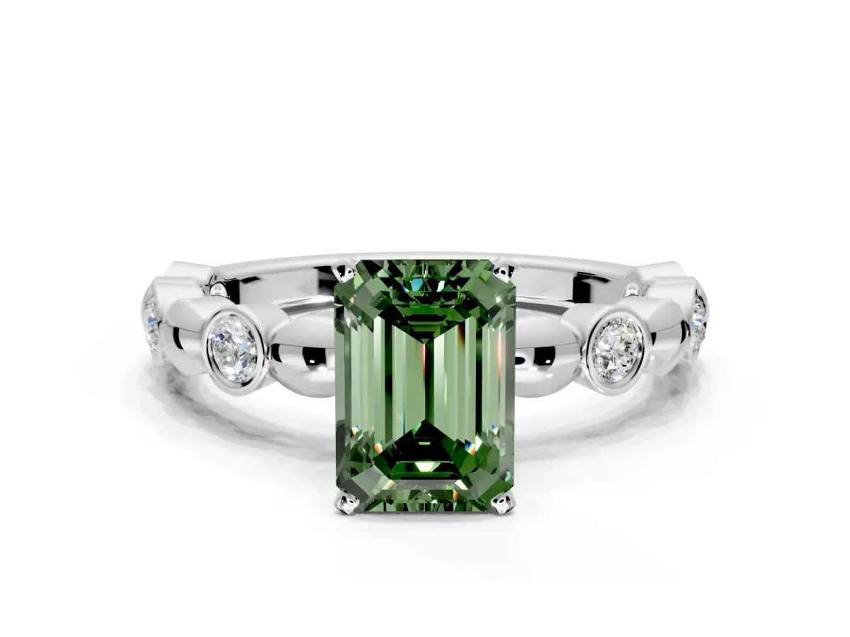 Solitaire Engagement Ring Setting for Fancy Green Emerald Cut Center with Beaded Bezel Station Band and Prong Head in Platinum