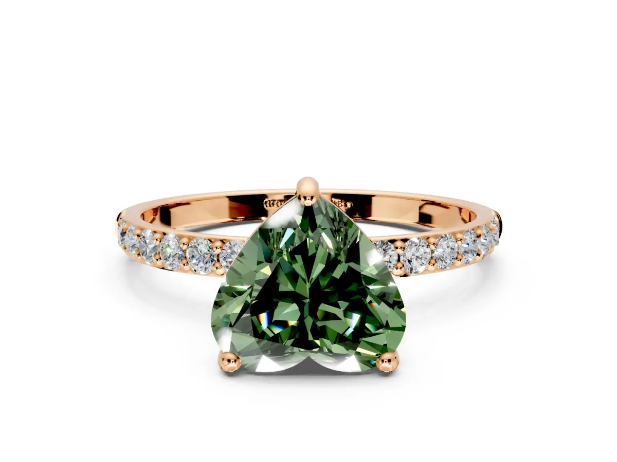Solitaire Engagement Ring Setting for Fancy Green Heart-Shaped Center with Pave Accents and Prong Head in Rose Gold