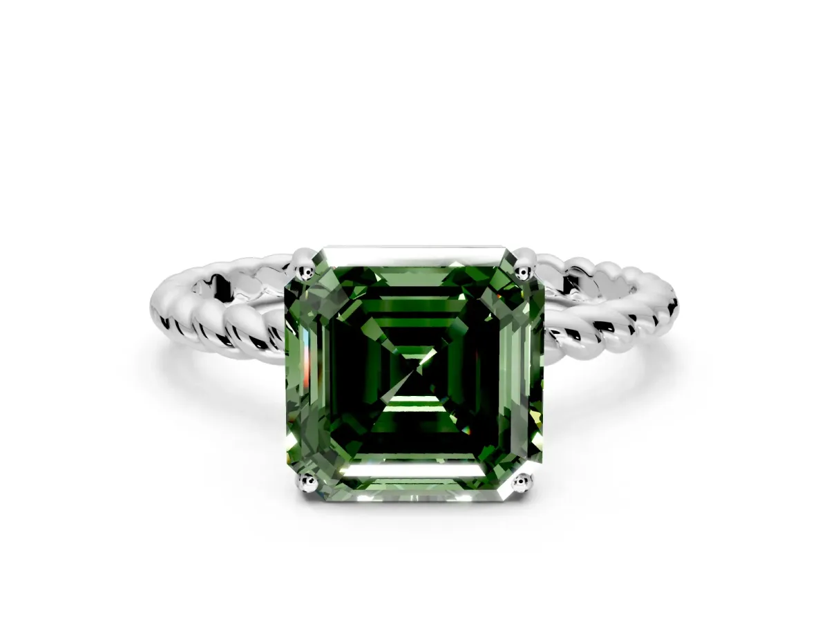 Solitaire Engagement Ring Setting for Fancy Green Asscher Cut Center with Plain Twisted Rope Band and Prong Head in Sterling Silver