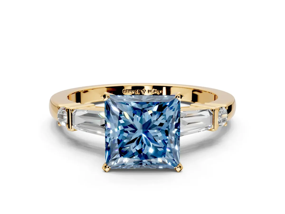 Bar-Set Engagement Ring Setting for Fancy Blue Princess Cut Center with Tapered Baguette Accents and Prong Head in Yellow Gold