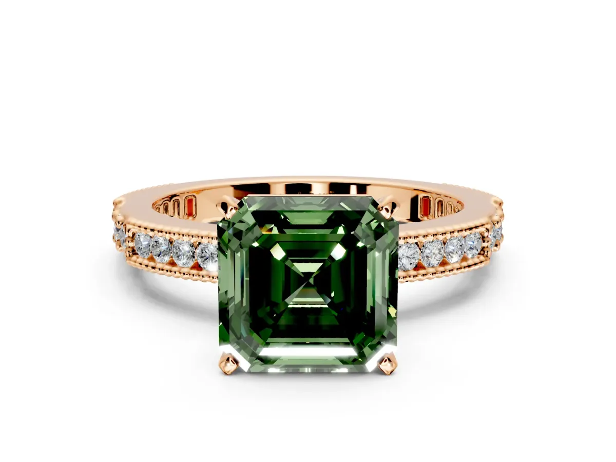 Solitaire Engagement Ring Setting for Fancy Green Asscher Cut Center with Milgrain-Edged Pave Band and Prong Head in Rose Gold