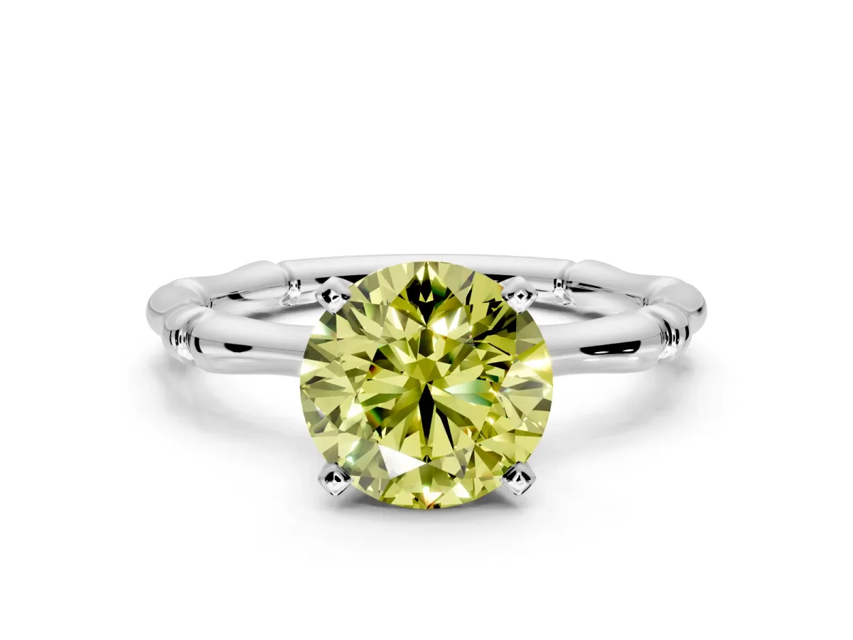 Solitaire Engagement Ring Setting for Fancy Yellow Round Cut Center with Bamboo Band and Prong Head in Platinum