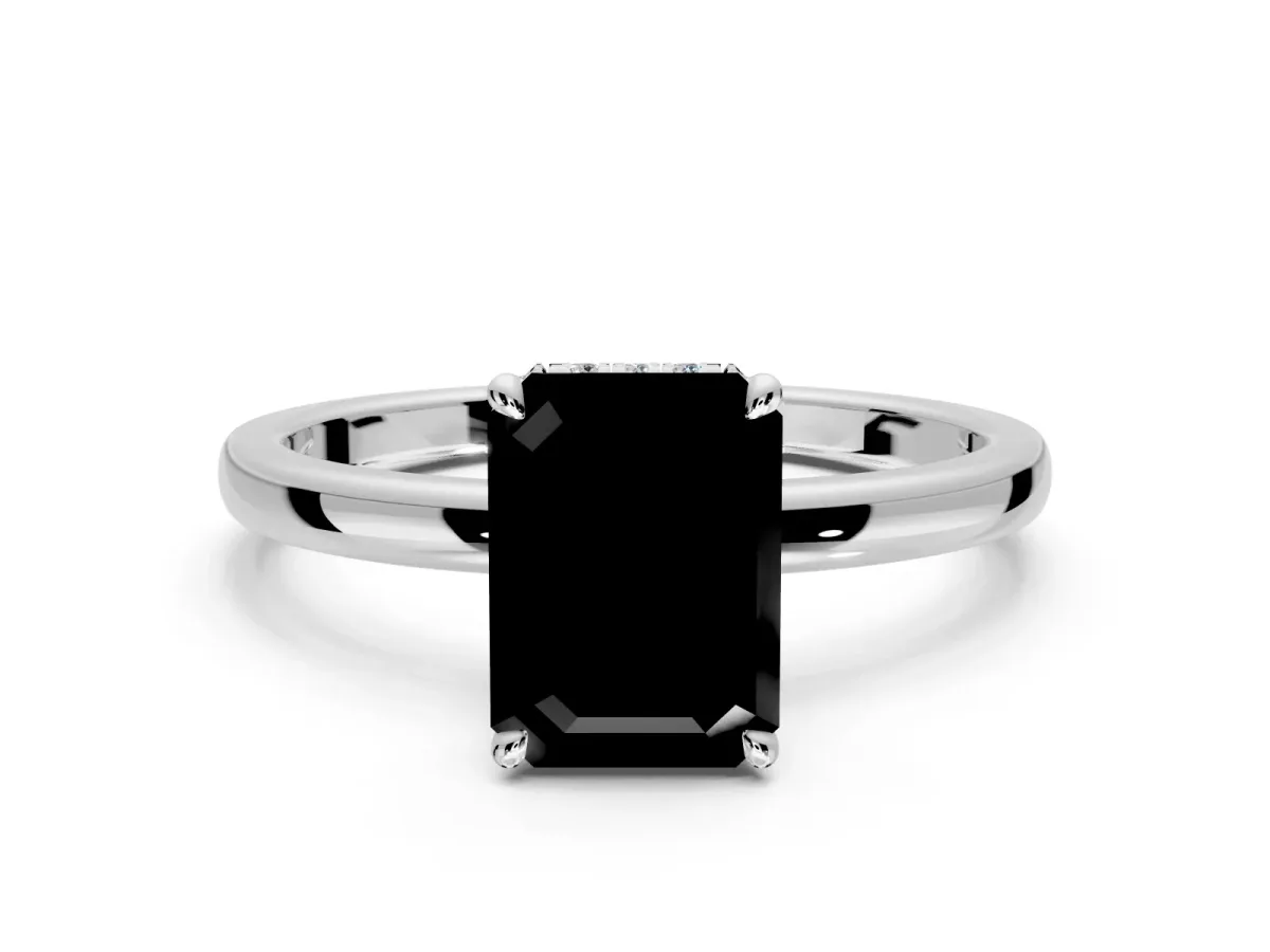 Hidden Halo Engagement Ring Setting for Fancy Black Emerald Cut Center with Plain Band and Tall Prong Head in White Gold