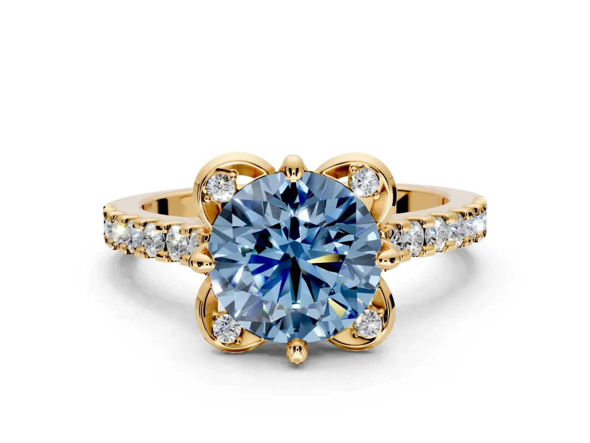 Floral Engagement Ring Setting for Fancy Blue Round Cut Center with Pave Band and Floral Prong Head in Yellow Gold
