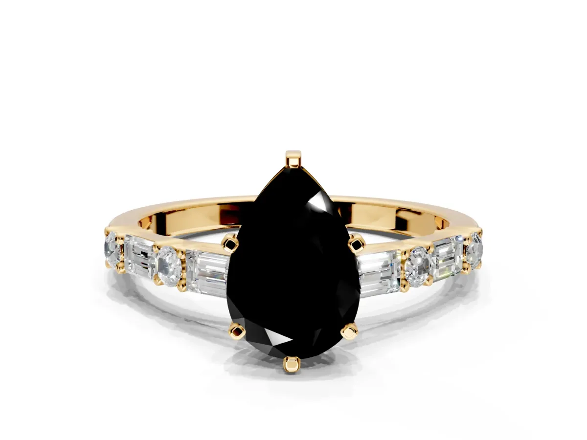 Baguette Engagement Ring Setting for Fancy Black Pear-Shaped Center with Alternating Bar-Set Band and Prong Head in Yellow Gold