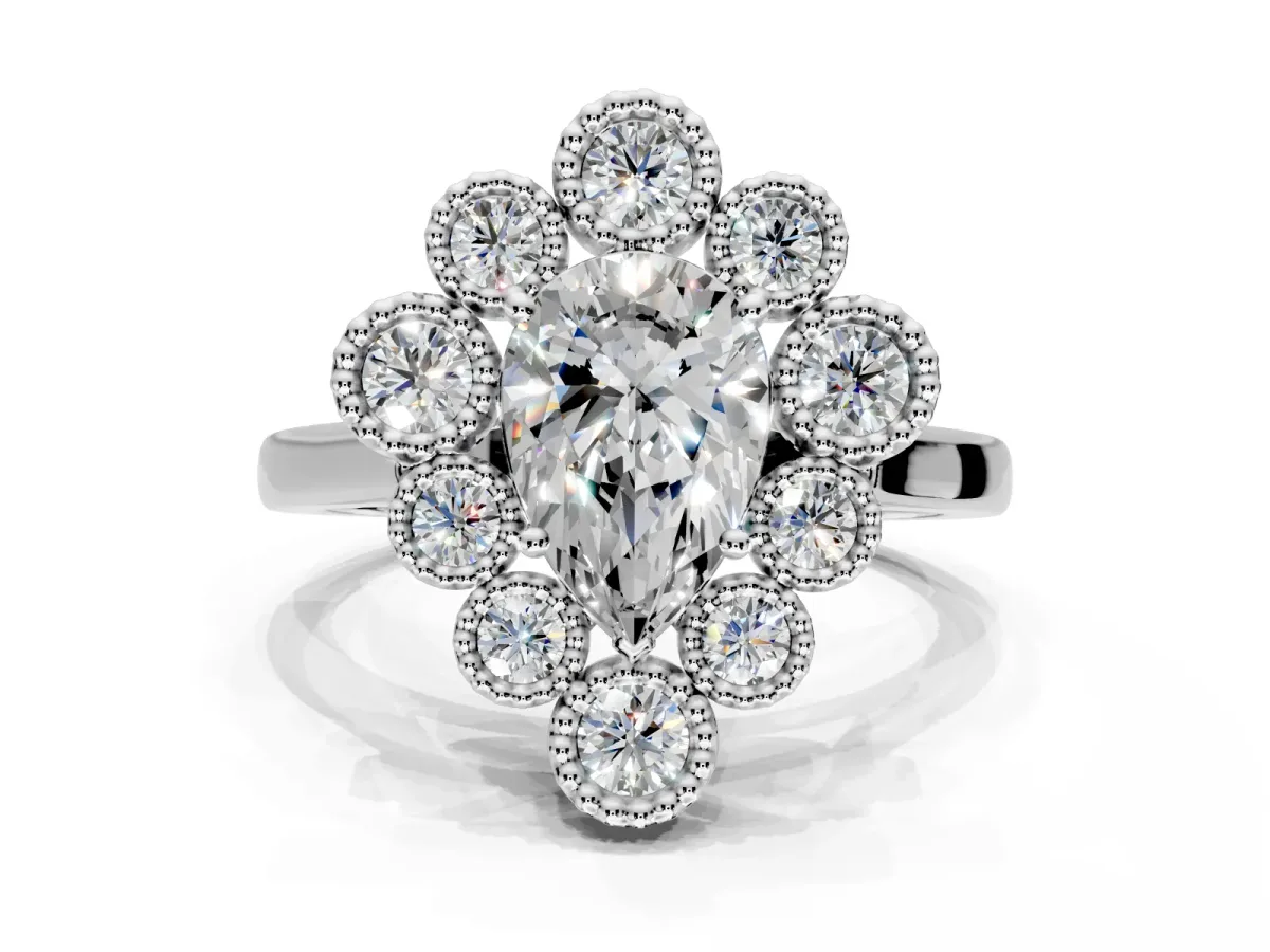 Cluster Halo Engagement Ring Setting for Pear-Shaped Center with Milgrain Bezel Accents and Prong Head in Sterling Silver