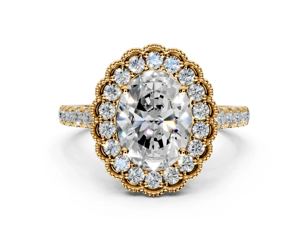 Milgrain Floral Halo Engagement Ring Setting for Oval Center with Pave Band and Prong Head in Yellow Gold