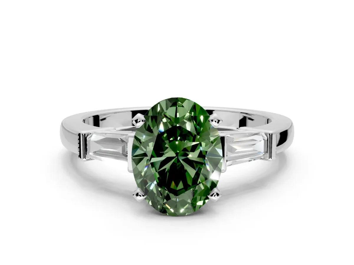 3 Stone Engagement Ring Setting for Fancy Green Oval Center with Channel Baguette Accents and Prong Head in Platinum