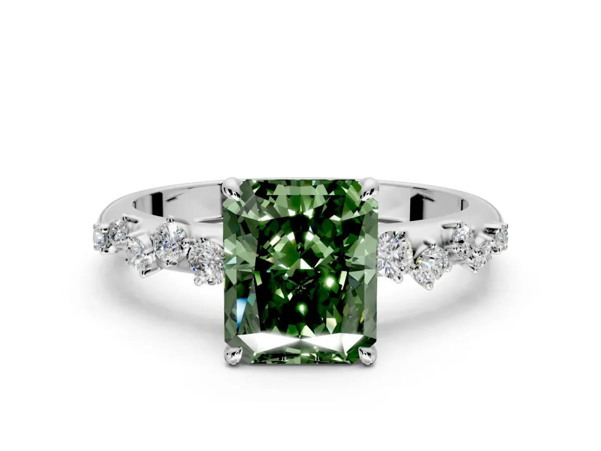 Cluster Engagement Ring Setting for Fancy Green Radiant Cut Center with Round Cut Accent Band and Prong Head in White Gold