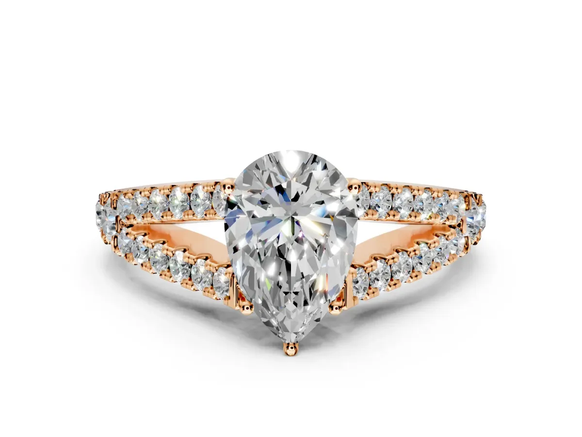 Solitaire Engagement Ring Setting for Pear-Shaped Center with Pave Split Shank and Prong Head in Rose Gold