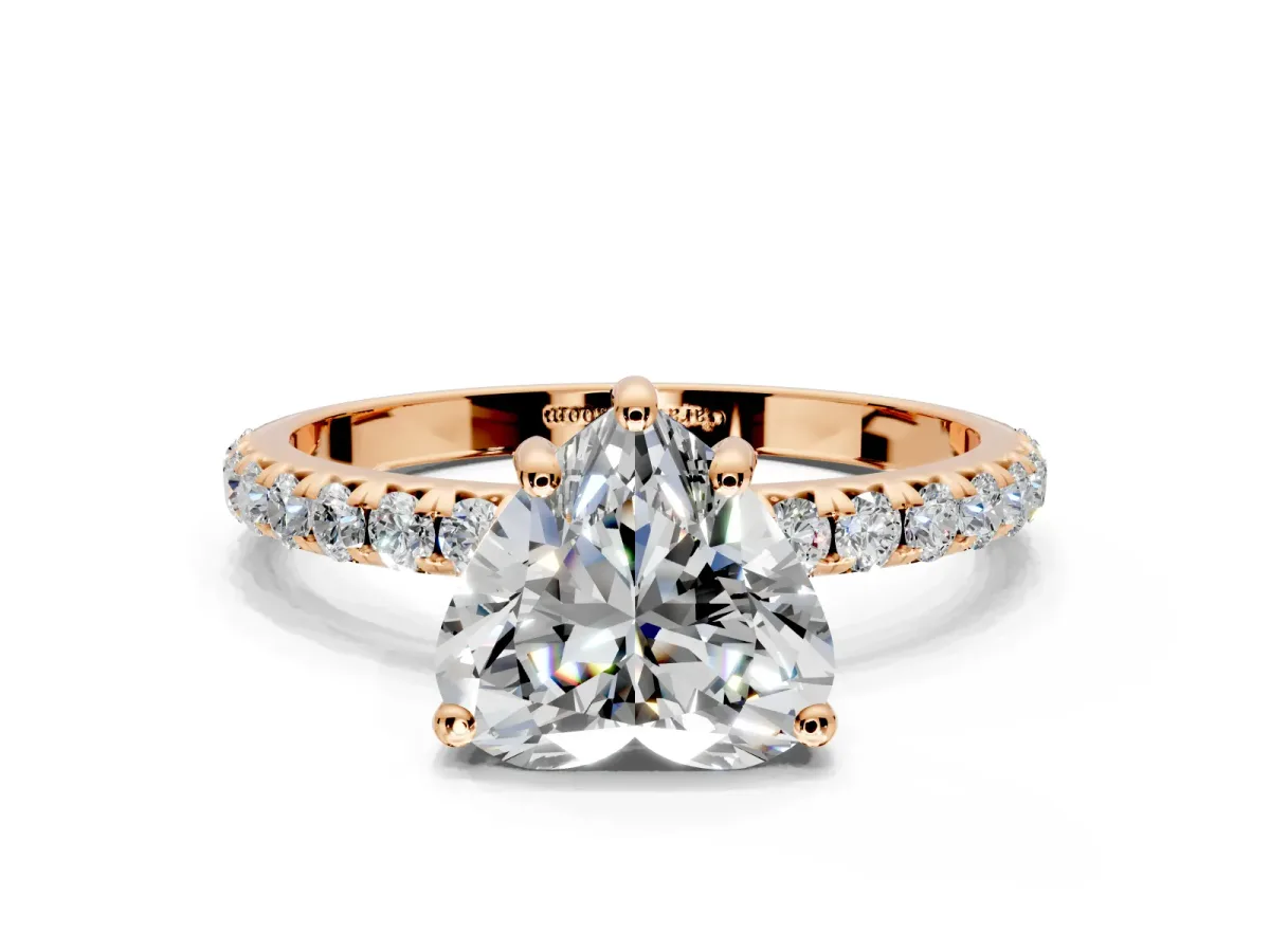 Solitaire Engagement Ring Setting for Heart-Shaped Center with Micro Pave Band and Prong Head in Rose Gold