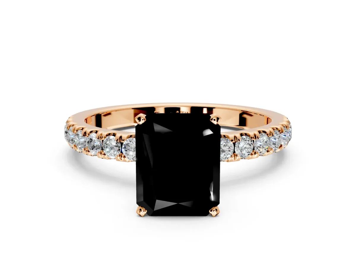 Open Basket Engagement Ring Setting for Fancy Black Radiant Cut Center with Pave Band and Prong Head in Rose Gold