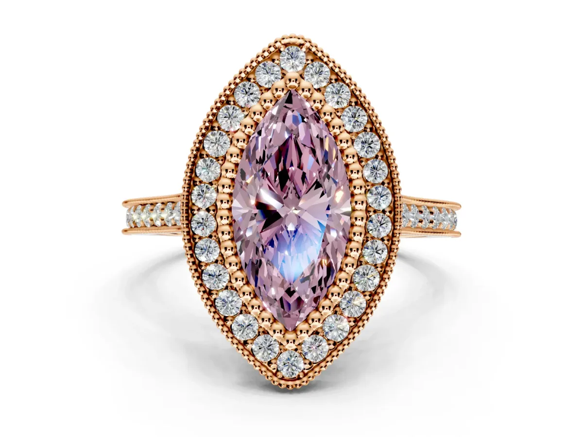 Halo Engagement Ring Setting for Fancy Pink Marquise Center with Milgrain Frame, Pave Band and Prong Head in Rose Gold