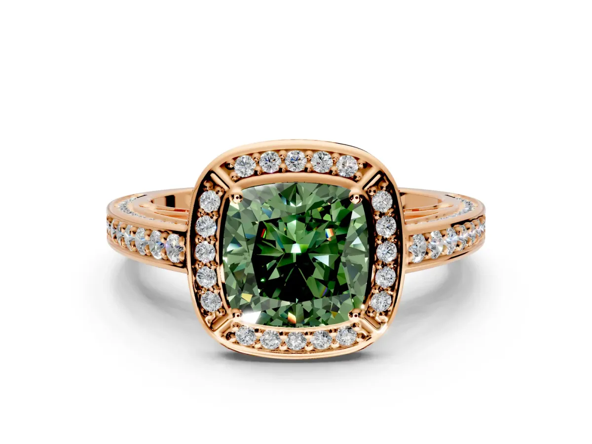Halo Engagement Ring Setting for Fancy Green Cushion Cut Center with Framed Halo, Pave Band and Prong Head in Rose Gold