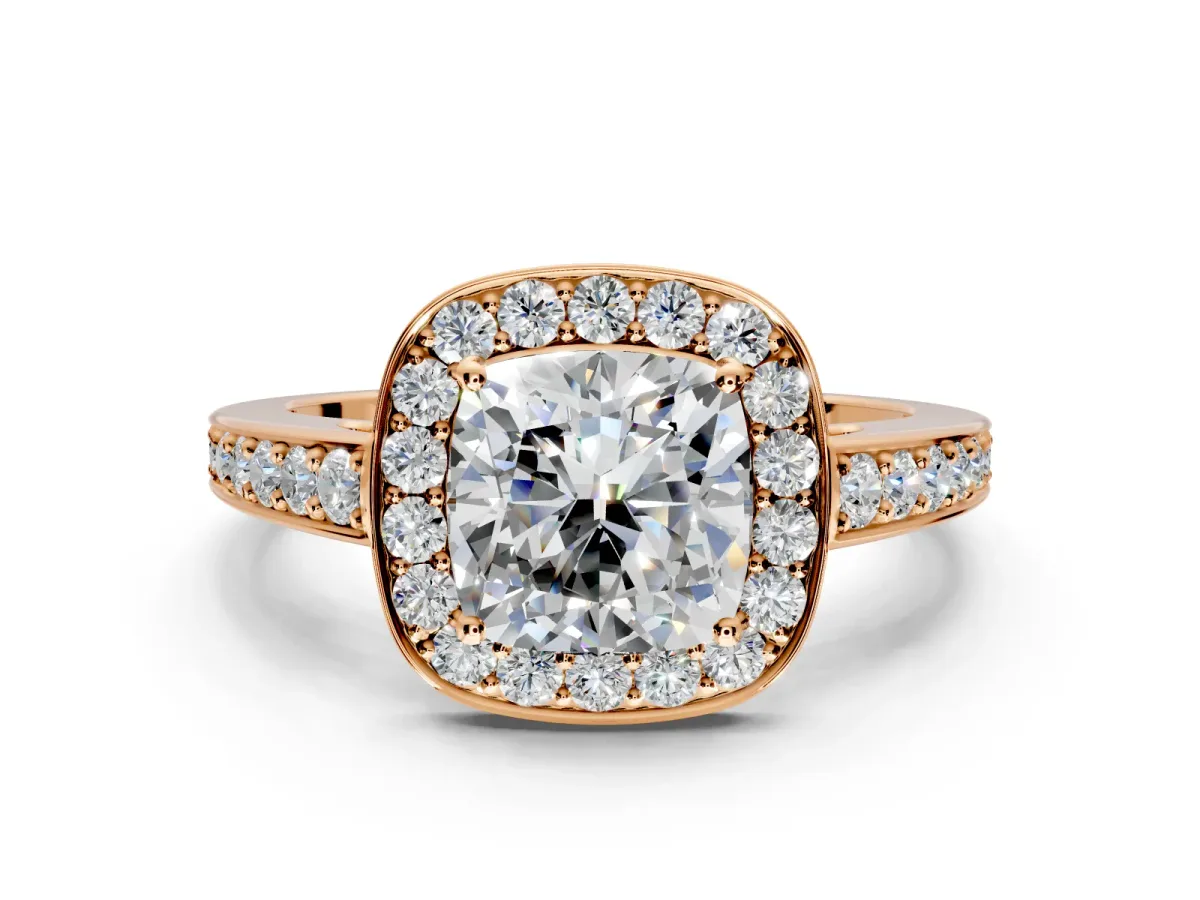 Bezel-Framed Halo Engagement Ring Setting for Cushion Cut Center with Pave Band and Prong Head in Rose Gold