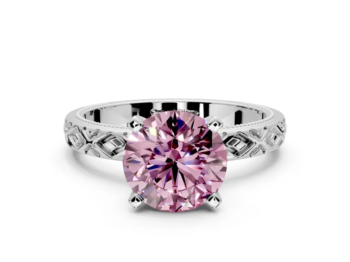 Solitaire Engagement Ring Setting for Fancy Pink Round Cut Center with Milgrain X Pattern Band and Prong Head in Platinum