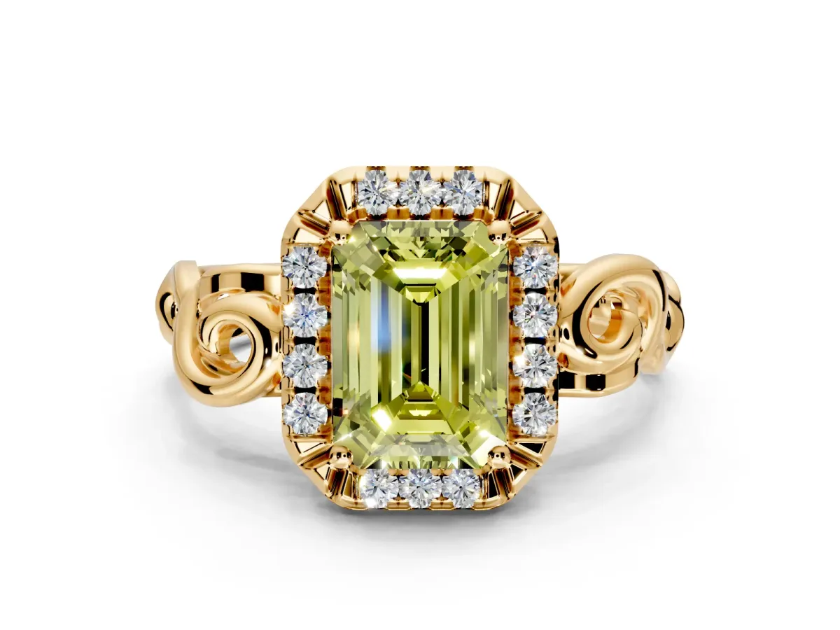 Halo Engagement Ring Setting for Fancy Yellow Emerald Cut Center with Open Scroll Shoulders and Prong Head in Yellow Gold