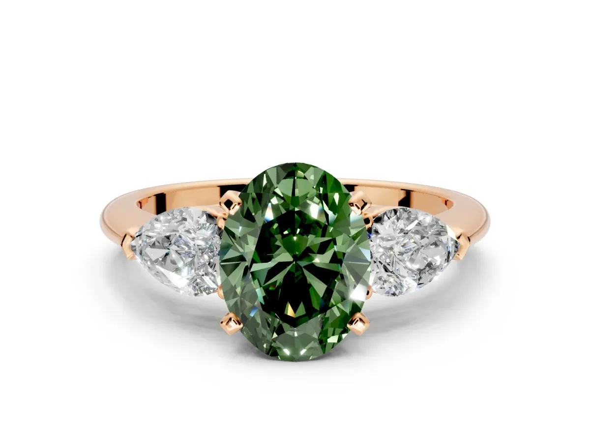 3 Stone Engagement Ring Setting for Fancy Green Oval Center with Large Pear-Shaped Accents and Prong Head in Rose Gold