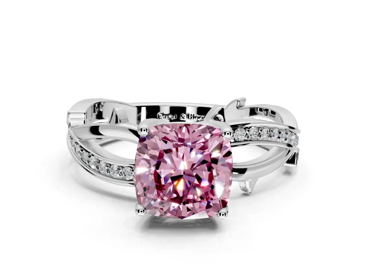 Solitaire Engagement Ring Setting for Fancy Pink Cushion Cut Center with Pave and Plain Crossover Band and Prong Head in Platinum