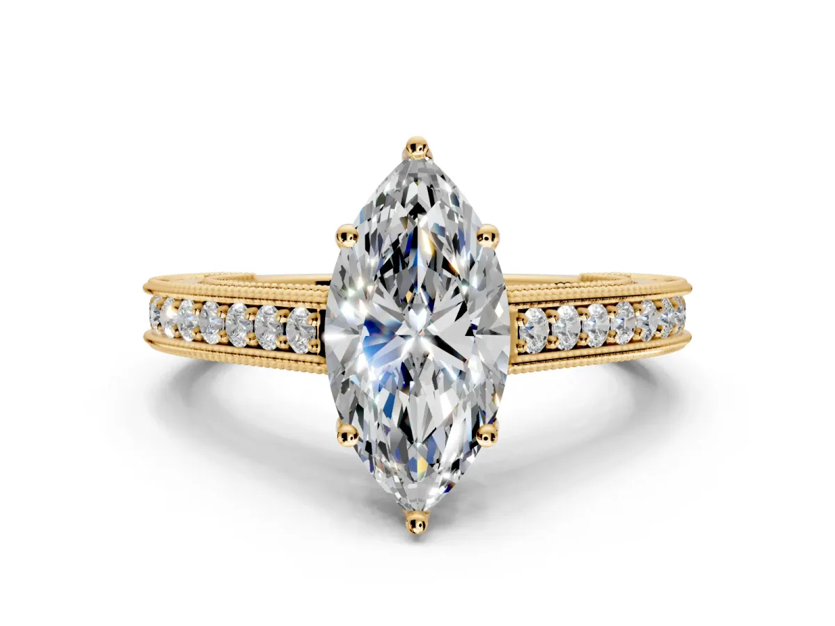 Solitaire Engagement Ring Setting for Marquise Center with Engraved Pave Band and Prong Head in Yellow Gold