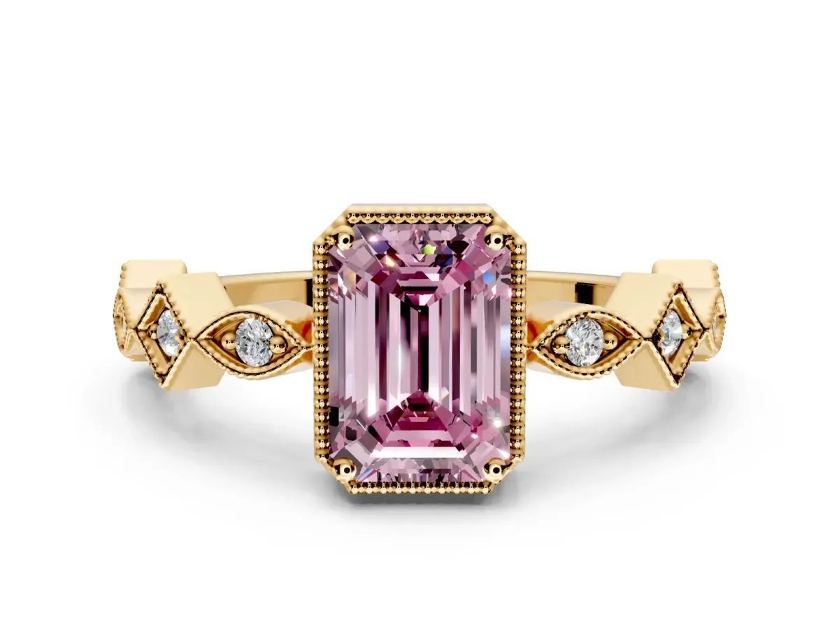 Milgrain Bezel Engagement Ring Setting for Fancy Pink Emerald Cut Center with Marquise Stations and Bezel Head in Yellow Gold